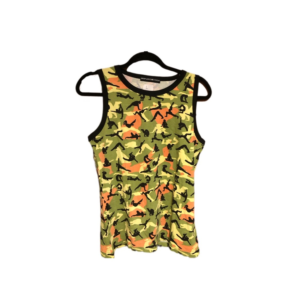 DROP & GIVE ME YOGA tank top with yoga postures design, size L